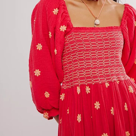 Free People Dahlia Embroidered Maxi Dress Smocked Watermelon Size Small NWOT - Picture 3 of 4